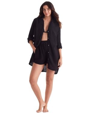 Mimi Flamingo Laguna Collared V-neck Fray Shirt - Black