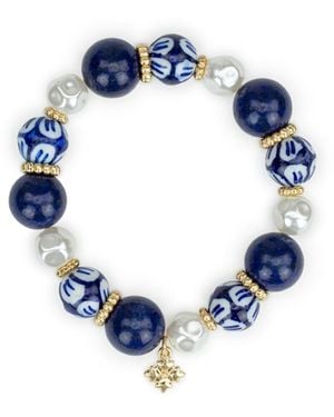 Patricia Nash Gold-tone Plated Bead And Mother Of Pearl Stretch Bracelet - Blue