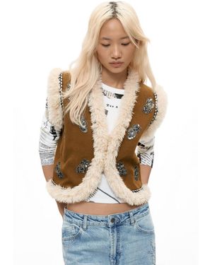 Desigual Embroidered Fur Vest - Natural