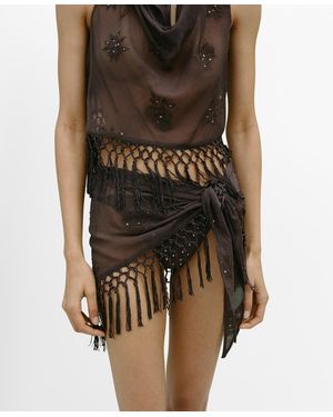 Mango Embroidered Fringe Mini Skirt - Brown