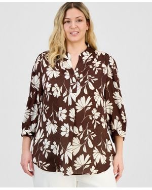 Anne Klein Plus Size Split-neck 3/4-sleeve Top - Brown