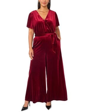 Vince Camuto Plus Size Flutter Sleeve Surplice Velvet Wide-leg Jumpsuit - Red
