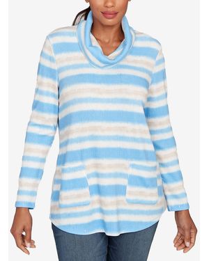 Ruby Rd. Petite Ribbed Stripe Patch Pocket Knit Top - Blue