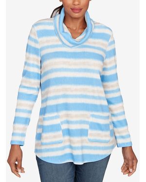 Ruby Rd. Petite Ribbed Stripe Patch Pocket Knit Top - Blue