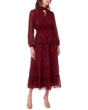 Msk Petite Long-sleeve Floral-print Keyhole Dress - Red