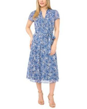 knee length dresses for ladies Shimmering Belted Chiffon Long Sleeve Midi Dress Xs