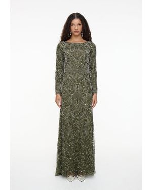 MARYISA Modest Embellished Sequin Beaded Dress Maxi With Trail - Green