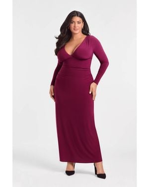 S3 Apparel S3 Sculpting Shapewear Shirred V-neck Long Sleeve Solid Maxi Dress
