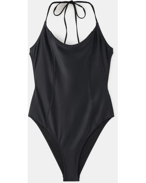 Mango Seam Detail Halter Swimsuit - Black