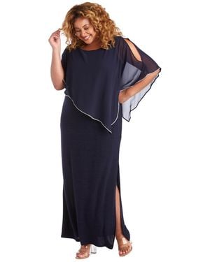 R & M Richards Plus Size Metallic Stripe Rhinestone Trim Poncho Dress - Blue