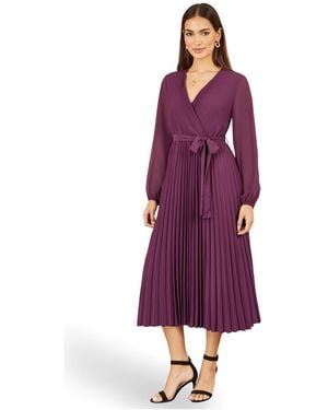 Yumi' Pleated Wrap Midi Dress - Purple