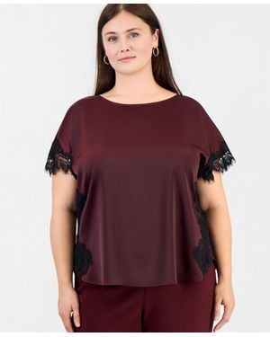 Anne Klein Plus Size Lace-trim Short-sleeve Bateau Neck Blouse - Red