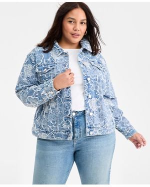 On 34th Trendy Plus Size Cotton Denim-jacquard Trucker Jacket - Blue