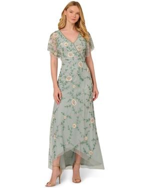 Adrianna Papell Petite V-neck Beaded Mesh Gown - Green