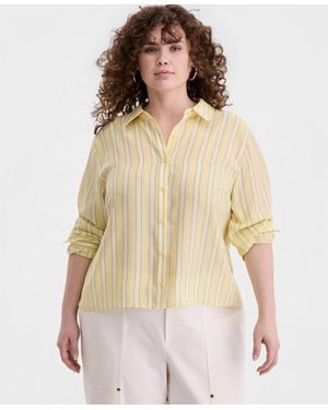 On 34th Trendy Plus Size Printed Bayside Cropped Silky Shirt - Natural