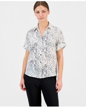 Anne Klein Essentials Petite Printed Button-front Short-sleeve Top - White