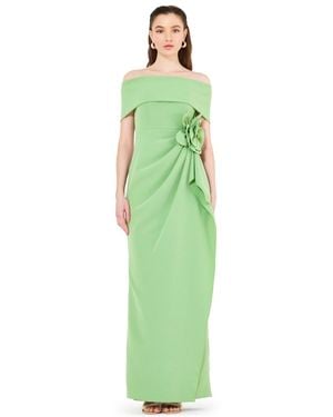 Amiri Bardot Neckline Floral Applique Pleated Gown - Green