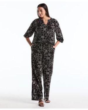 Rafaella Petite Floral Embroidered 3 4 Sleeve Blouse Floral Embroidered Drawstring Pants - Black