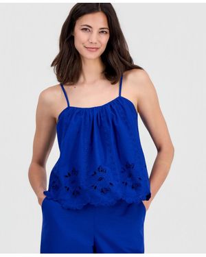 On 34th Linen-blend Cutwork-hem Tank Top - Blue