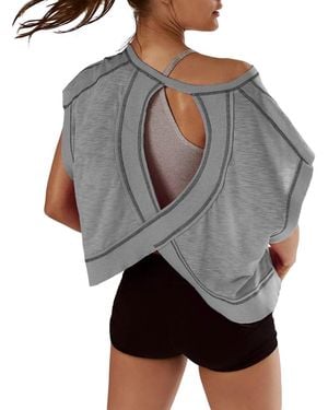 Peneyon Short Sleeve Crop Workout Tops Open Back Athletic Gym Yoga Tees - Gray