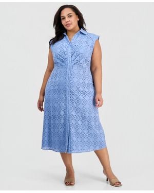 Anne Klein Plus Size Eyelet-embroidered Sleeveless Shirtdress - Blue