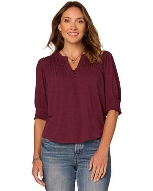 Democracy Petite Blouson-sleeve Mandarin Collar Knit Top - Purple
