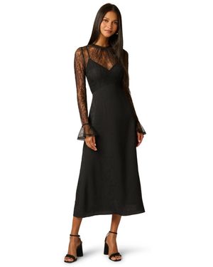 Adrianna Papell Combo Satin Ankle Long-sleeve Lace A-line Dress - Black