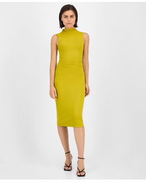 BarIII Ruched Mock-neck Sleeveless Midi Dress - Yellow