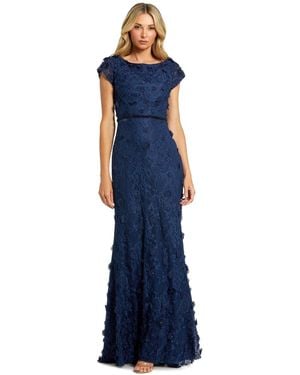 Mac Duggal Petite Floral Applique Boat Neck Cap Sleeve Gown - Blue