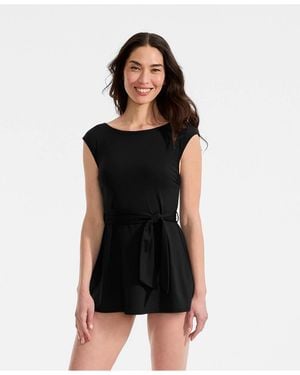 Lands' End Cap Sleeve Tie Belt Mini Swim Dress - Black