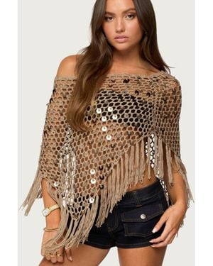 Edikted Fringe Sequin Crochet Poncho - Brown
