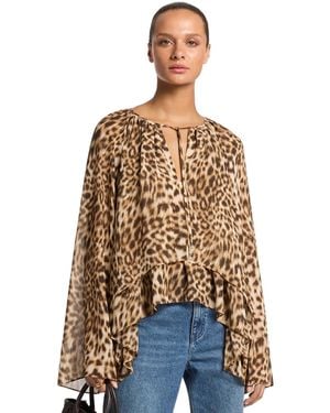 Michael Kors Michael Long-sleeve Leopard-print High-low Blouse - Natural