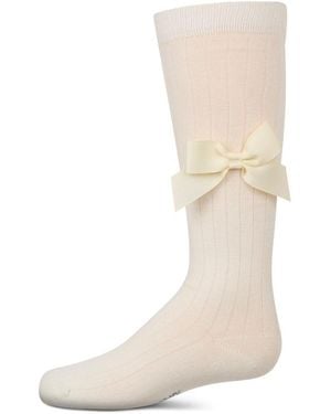 Memoi Big Girls Ribbed Stretch Cotton Bow Trim Knee Sock - Natural