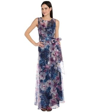 R & M Richards Petite Sequin Printed Self-tie Sash Long Gown - Blue