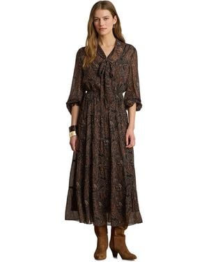 Ralph Lauren Petite Paisley Georgette Tie-neck Tiered Dress - Brown