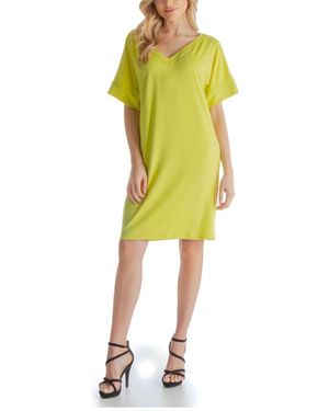 24seven Comfort Apparel Solid Color Loose Fit V Neck T Shirt Style Knee Length Dress - Yellow