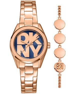 DKNY Logo Quartz Rose Gold-tone Stainless Steel Bracelet Watch 28mm Gift Set - Blue