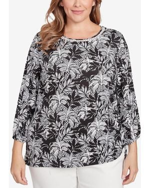 Ruby Rd. Plus Size Monotone Palms Side Tie Top - Gray