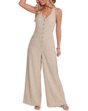 CUPSHE Sleeveless Button-front Wide Leg Linen Blend Jumpsuit - Natural