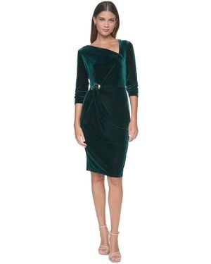 Halston Velvet Asymmetrical Neckline Midi Dress - Green