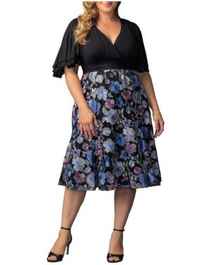 Kiyonna Plus Size Lillian Embroidered Mesh Midi Cocktail Dress - Black