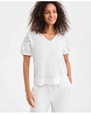 Charter Club 100% Linen V-neck Applique-sleeve Top - White