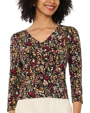 Vince Camuto Floral-print V-neck 3/4 Sleeve T-shirt - Black