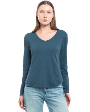 Wilt Long Sleeve V-neck Raw Hem Shirttail Tee - Blue