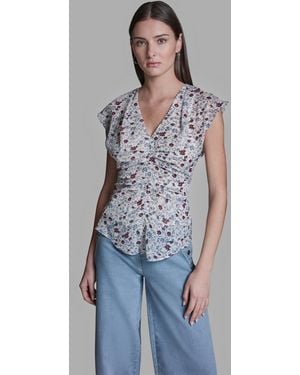 BCBGMAXAZRIA V-neck Sleeveless Ruched Detail Top - Blue