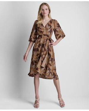 DKNY Balloon-sleeve Faux Wrap Midi Dress - Brown