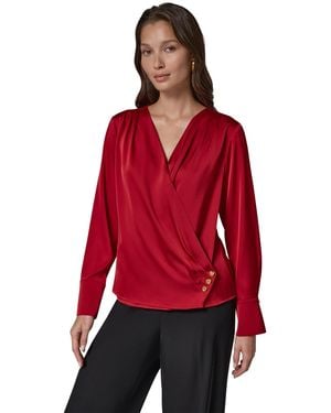 Donna Karan Satin Faux-wrap Blouse - Red