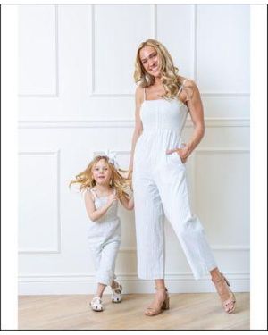 Hope & Henry Mommy Me Organic Cotton Smocked Button Front Jumpsuits In Ticking Stripe - White