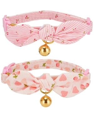 Aronkl Bowtie Cat Collar With Bell Breakaway Kitten Collars Removable Bow Cotton Stylish - Pink