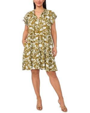 Msk Plus Size Split Tie Neck Short-sleeve A-line Dress - Yellow